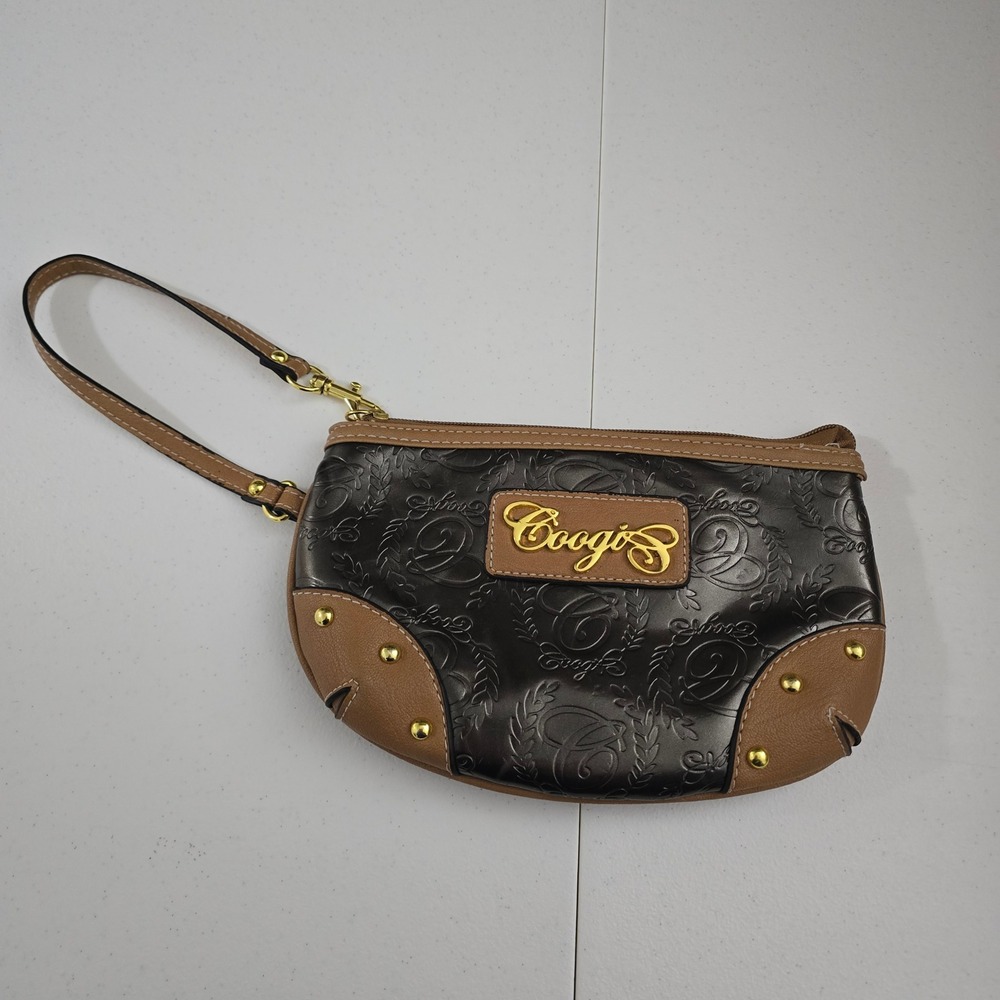 Coogi Womens Brown Embossed Monogram Wristlet Clutch Gold Hardware Studded Bag